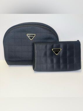 2 PC VTG 1997 REVLON Black Quilted Cosmetic Makeup Bag-Travel Pouch-Classy-NEW.